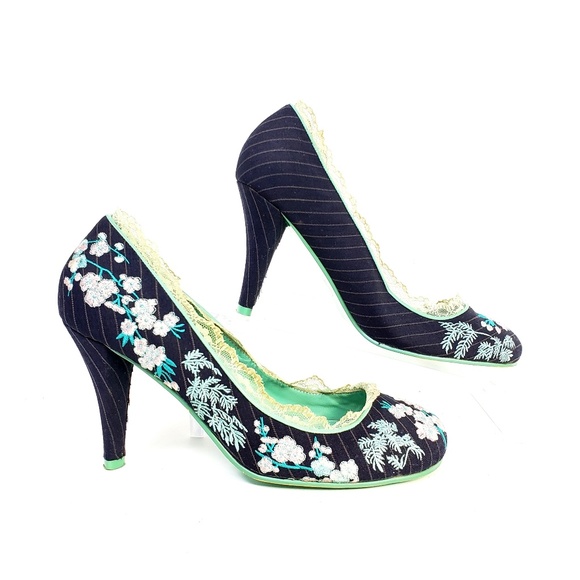 Irregular Choice Lace Trimmed Blue Pinstripe Heels - Picture 2 of 7